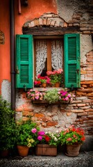 color window with green shutters partially open revealing lace curtains and potted flowers