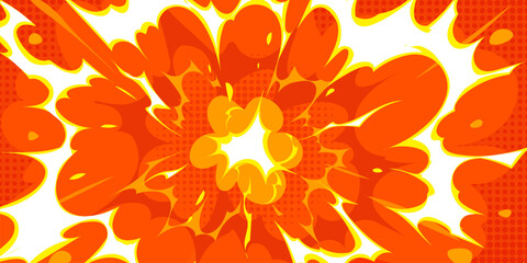 Cartoon manga anime fire battle effect vector background. Game battle or manga comic explosion with yellow fire burst and white smoke splash on retro pop art background with orange halftone pattern © Vector Tradition