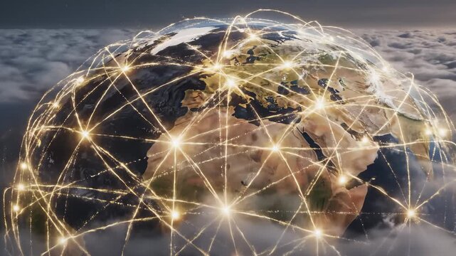 Digital Connections Orbiting Planet Earth Above Clouds