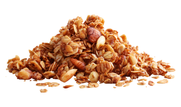 A generous mound of toasted granola clusters featuring almonds and oats, ideal for breakfast bowls or healthy snacks. Fresh, crunchy texture conveys energy, warmth, and wholesome nutrition.