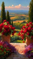 Italy color balcony overlooking red rooftops and rolling hills painted in golden glow
