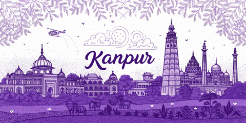 Kanpur Skyline Sketch with Cultural Heritage Touch Featuring JK Temple, Allen Forest Zoo, Phool Bagh, and Ganga Barrage &ndash; Perfect for Tourism, Posters, and Wall Art