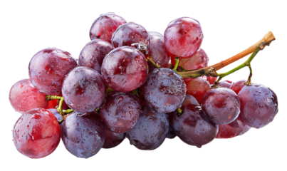 A close-up of juicy red grapes, adorned with water droplets, creating a fresh and appetizing presentation isolated on transparent background. PNG, cutout for food and drink-related themes.