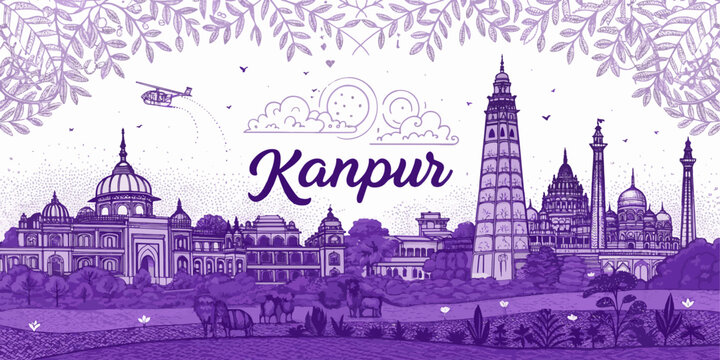 Kanpur Skyline Sketch with Cultural Heritage Touch Featuring JK Temple, Allen Forest Zoo, Phool Bagh, and Ganga Barrage &ndash; Perfect for Tourism, Posters, and Wall Art