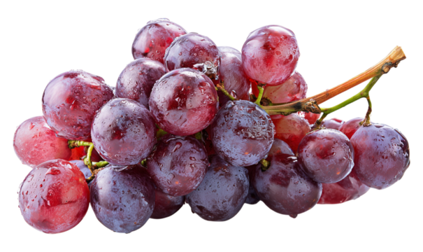 A close-up of juicy red grapes, adorned with water droplets, creating a fresh and appetizing presentation isolated on transparent background. PNG, cutout for food and drink-related themes.
