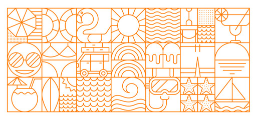 Summer travel geometric abstract pattern with sea and beach vacations, vector background. Summer travel pattern of geometric line mosaic sun and car with ocean boat or scuba diving mask and starfish © Vector Tradition