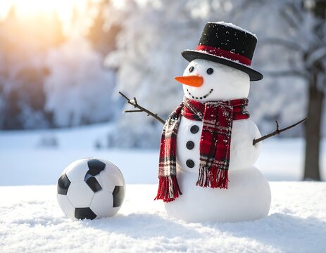 Cheerful snowman in a scarf and top hat, next to a soccer ball - Powered by Adobe