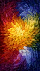 art background with swirling brushstrokes blending warm reds, cool blues, and golden highlights