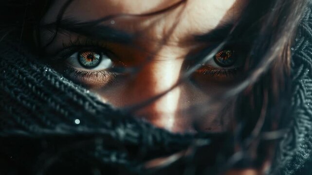 Video A close-up shot of a woman's eyes with a scarf partially covering her face, possibly indicating modesty or secrecy