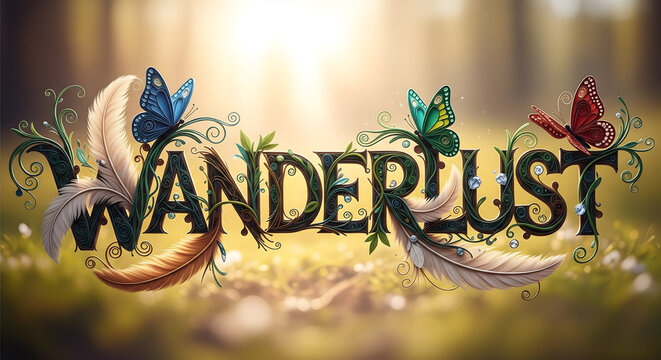 Nature typography in quilled vines, feathers, and butterflies with bohemian flair.
