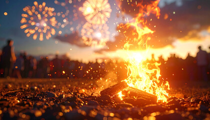 Burning bonfire at Night: A captivating evening scene unfolds as a vibrant bonfire crackles with flames.
