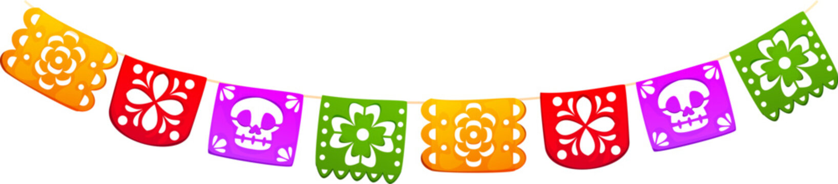 Day of the Dead holiday, Dia De Los Muertos papel picado garland. Mexican holiday, Dia de Los Muertos vector paper decoration. Day of Dead papel picado colorful cutout flags with flowers and skulls
