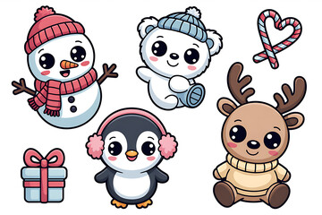 Set of cartoon animals including a penguin, a reindeer, a snowman. Graphic, photo, vector, images, illustration, art, design, clipart, abstract, digital, tshirt, pattern, mockup, stock