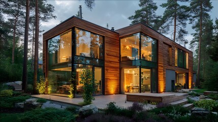 Contemporary wooden residence glows with interior lights amidst dense forest setting at twilight