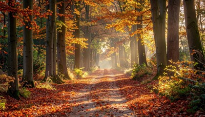 Fototapeta premium Sunlight Filtering Through Autumn Trees Onto A Leaf Covered Forest Path With Tall Trunks And Golden Hues