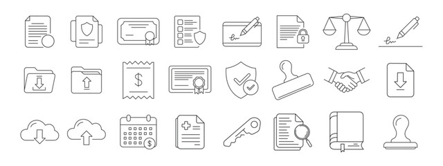 Set of outline icons representing documents, certificates, and files. Includes line symbols of paper sheets, official certificates, folders, reports, and documents with check marks or seals. Perfect f