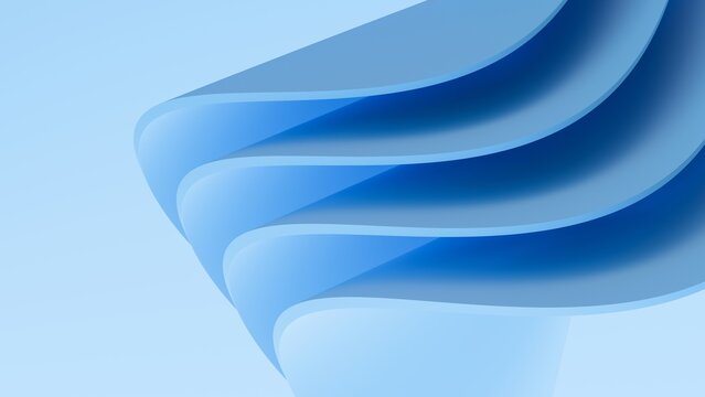 Abstract wavy curved 3d render. Blue soft layers of plastic with lines, folds, ruffles. Modern wallpaper, texture pattern.