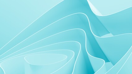 Abstract wavy curved 3d render. Turquoise soft layers of plastic with lines, folds, ruffles. Modern wallpaper, texture pattern.