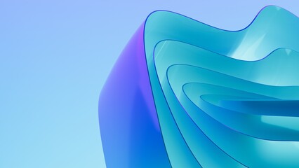 Abstract wavy curved 3d render. Blue violet soft layers of plastic with lines, folds, ruffles. Modern wallpaper, texture pattern.