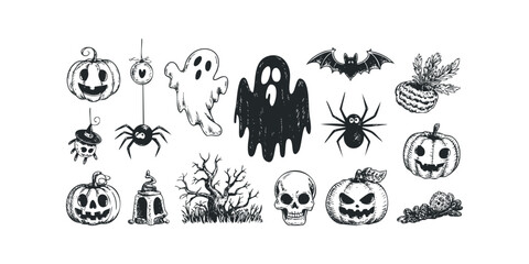 Halloween graphic elements including pumpkins, ghosts, bats, and spiders
