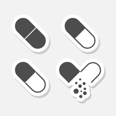 Medical pill icons set sticker isolated on gray background