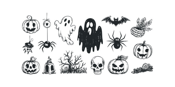 Halloween graphic elements including pumpkins, ghosts, bats, and spiders