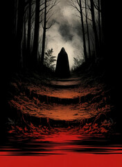 Hooded Figure in a Dark Forest Stands Beside a Glowing Red Water Path at Night