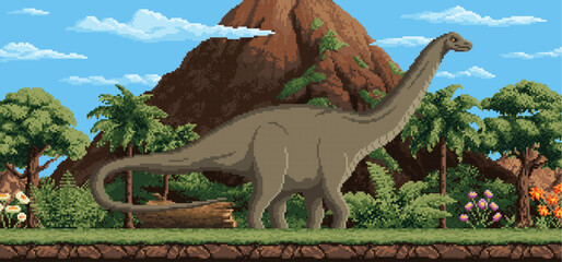 8 bit pixel art giant dinosaur character. Retro console 2d game Jurassic era dinosaur pixel vector personage. Prehistoric landscape with 8bit pixelated volcano mountain, jungle trees and brontosaurus