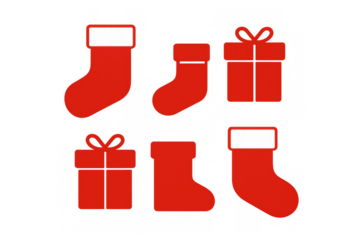 Christmas holiday decorations set with red stockings, socks, and gift box icons, transparent background design