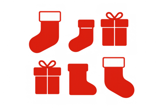 Christmas holiday decorations set with red stockings, socks, and gift box icons, transparent background design