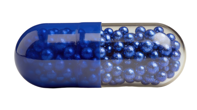 Blue glass jewelry box in pill shape isolated on white with shiny necklace and beads