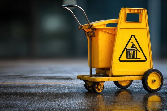 Cleaning cart with yellow caution sign parked on wet floor in an indoor setting during the day highlighting safety measures in public spaces