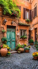color doorway with weathered teal door and terracotta pots overflowing with vibrant flowers