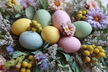 Obraz premium Colorful pastel Easter eggs nestled among fresh flowers and greenery create a vibrant spring display for festive celebrations