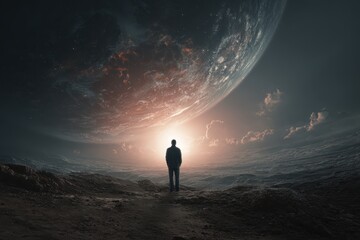 Man stands on a rocky surface gazing at a massive planet looming in the sky during twilight, creating a breathtaking cosmic landscape