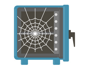 Money safe filled with spiderwebs inside. Symbol of bankruptcy and economic decline. Abandoned and dusty vault concept.