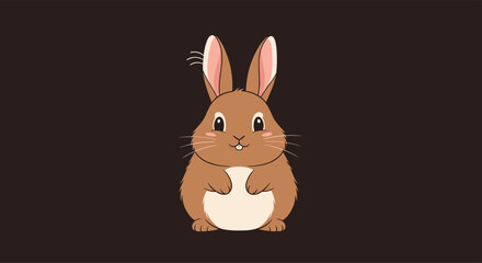 Obraz premium Cute brown cartoon rabbit standing upright with a friendly smile, featuring big ears and white whiskers on a dark background.