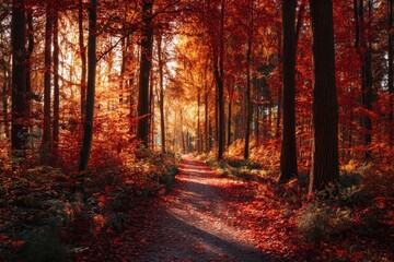Obraz premium Sunlit autumn forest path covered with vibrant red leaves and golden light illuminating the trees during a peaceful afternoon stroll in nature's tranquility