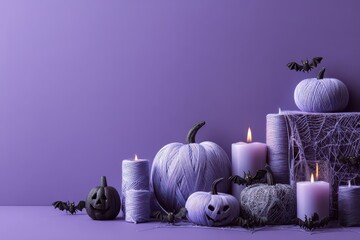 Halloween themed decor featuring purple background, pumpkins, candles, and bats for a festive autumn atmosphere
