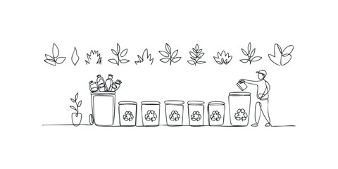 Line drawing of person recycling items into containers with plants