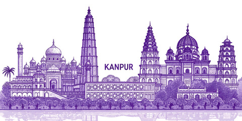 Obraz premium Kanpur Skyline Sketch with Cultural Heritage Touch Featuring JK Temple, Allen Forest Zoo, Phool Bagh, and Ganga Barrage – Perfect for Tourism, Posters, and Wall Art