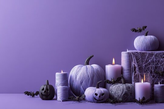 Halloween themed decor featuring purple background, pumpkins, candles, and bats for a festive autumn atmosphere