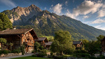 Traditional wooden alpine chalets nestled at the base of a massive, sunlit mountain range
