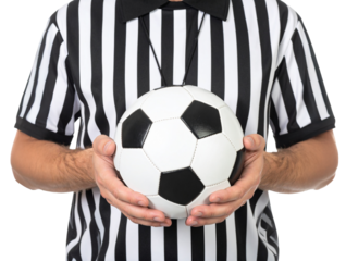 man in referee uniform holding soccer ball isolated on white background
