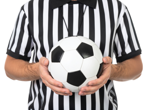 man in referee uniform holding soccer ball isolated on white background