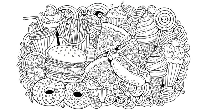 Coloring page design for adults an intricate collage of fast food and sweet treat doodles, high contrast black lines, full frame, clear white space