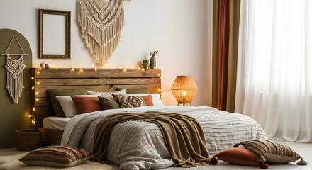 Stylish bohemian bedroom interior with warm earthy tones, wooden furniture, and macrame decorations