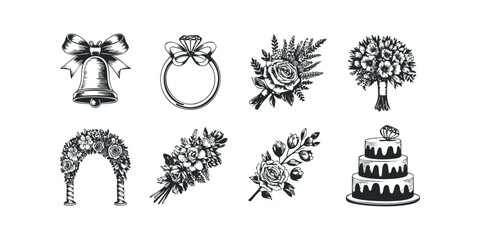 Wedding ceremony symbols including bell ring bouquet arch and cake