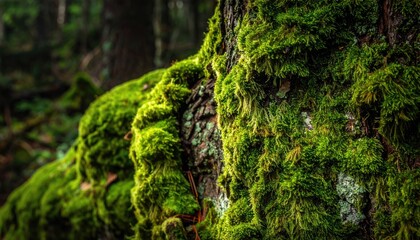 Close Up Of A Large Tree Trunk Covered In Lush Vibrant Green Moss In A Sunlit Forest With Soft Focus Background