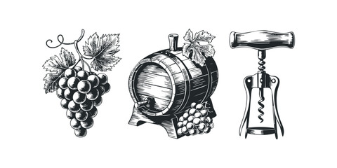 Grapes, wine barrel, and corkscrew illustration